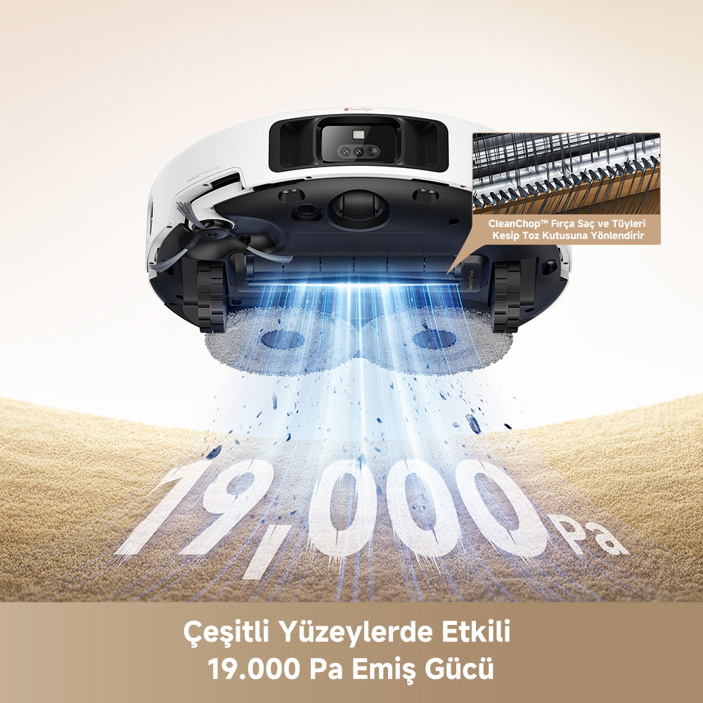 MOVA robot süpürge, farklı yüzeylerde etkili 19.000 Pa güçlü emiş sunar.