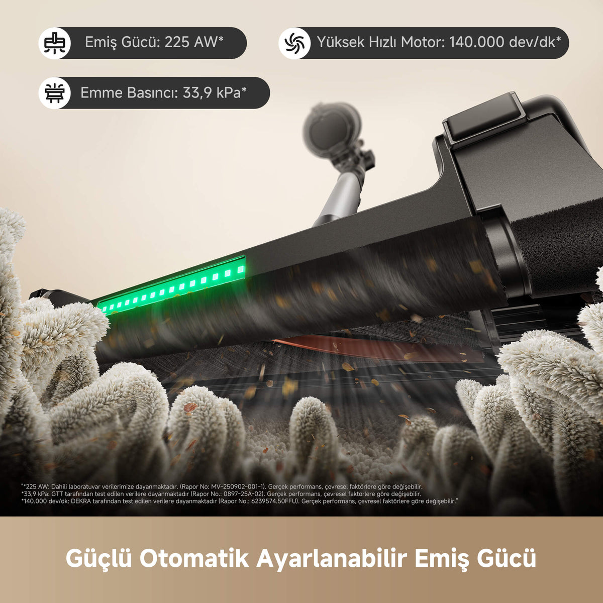 MOVA G70 Complete 225 AW yüksek emiş gücü ile halı ve sert zeminlerde toz ve büyük döküntüleri tek seferde süpürür.