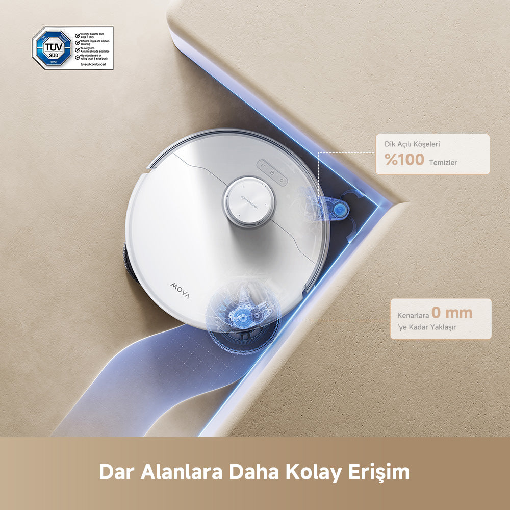 MOVA robot süpürge, 5 mm yüksekliğe kadar dar alanlara kolayca erişir.