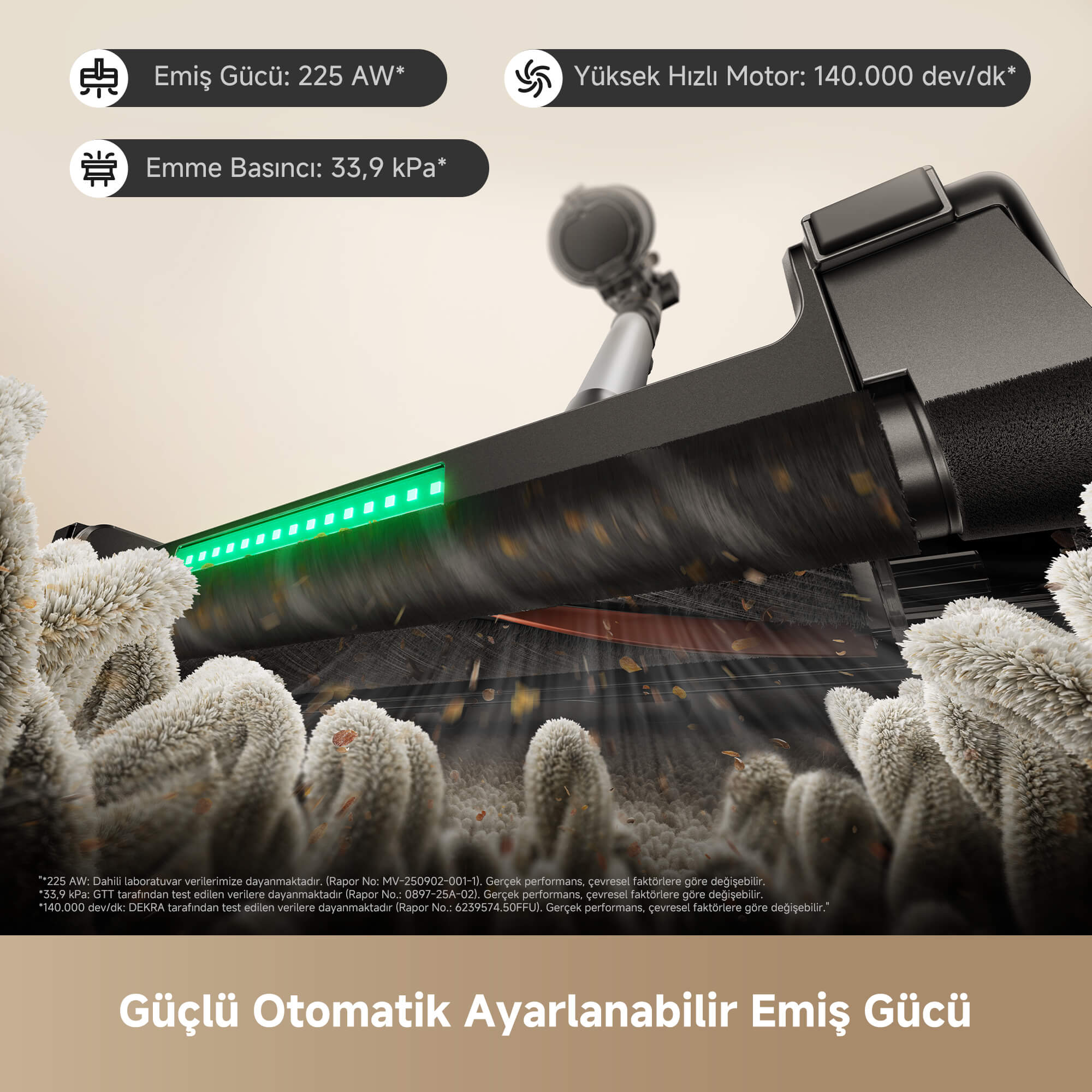 MOVA G70 Complete 225 AW yüksek emiş gücü ile halı ve sert zeminlerde toz ve büyük döküntüleri tek seferde süpürür.