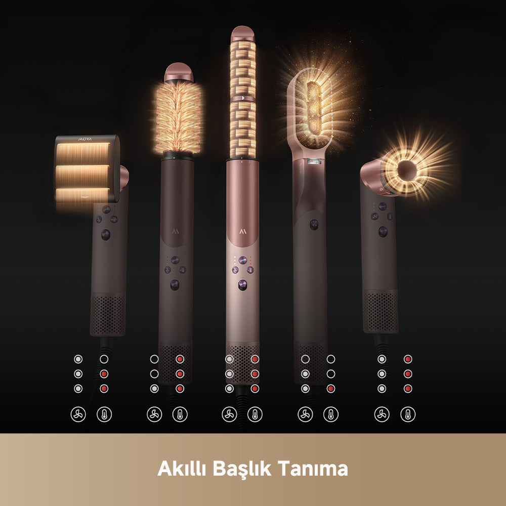 MOVA Master 10 akıllı nozul tanıma özelliği, takılan aparatı otomatik algılar ve ısı/hava ayarını optimize eder.