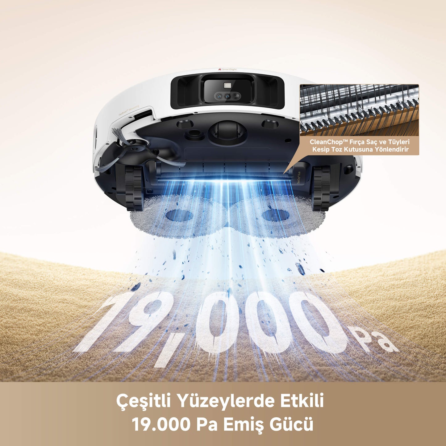 MOVA P50 Pro Ultra 19.000 Pa güçlü emiş gücü ile halı ve sert zeminlerde toz, saç ve büyük döküntüleri kolayca temizler.