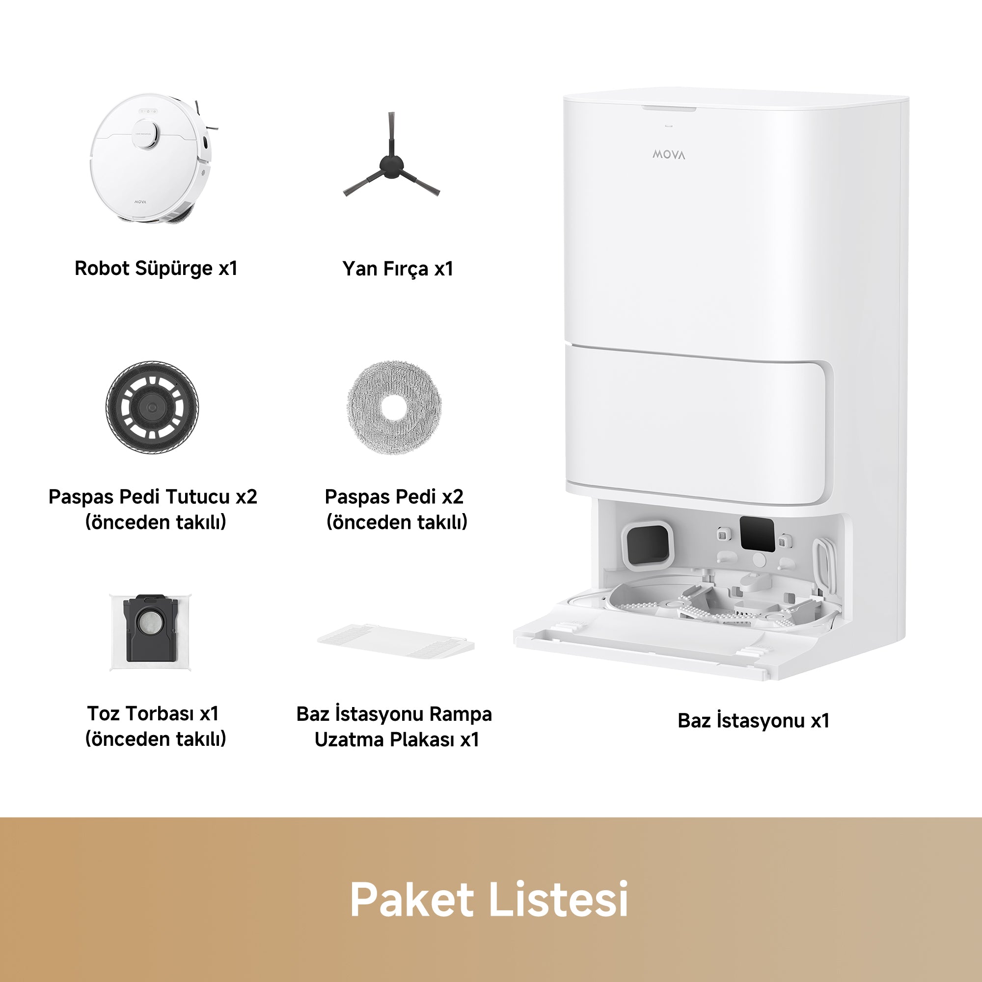 Paket Listesi: MOVA E30 Ultra Robot Süpürge, Yan Fırça, Paspas Pedi ve Tutucu, Toz Torbası, Baz İstasyonu ve Rampa Uzatma Plakası
