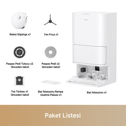 Paket Listesi: MOVA E30 Ultra Robot Süpürge, Yan Fırça, Paspas Pedi ve Tutucu, Toz Torbası, Baz İstasyonu ve Rampa Uzatma Plakası