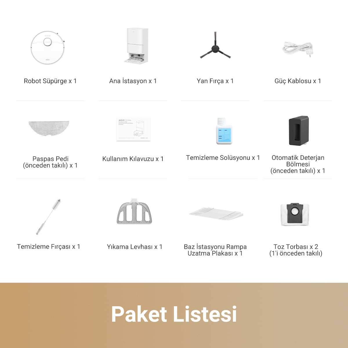 Paket Listesi
MOVA S20 Ultra paket içeriği: robot süpürge, ana istasyon, yan fırça, paspas pedi, güç kablosu, kullanım kılavuzu, temizleme solüsyonu, deterjan bölmesi, temizlik fırçası, yıkama levhası ve toz torbaları