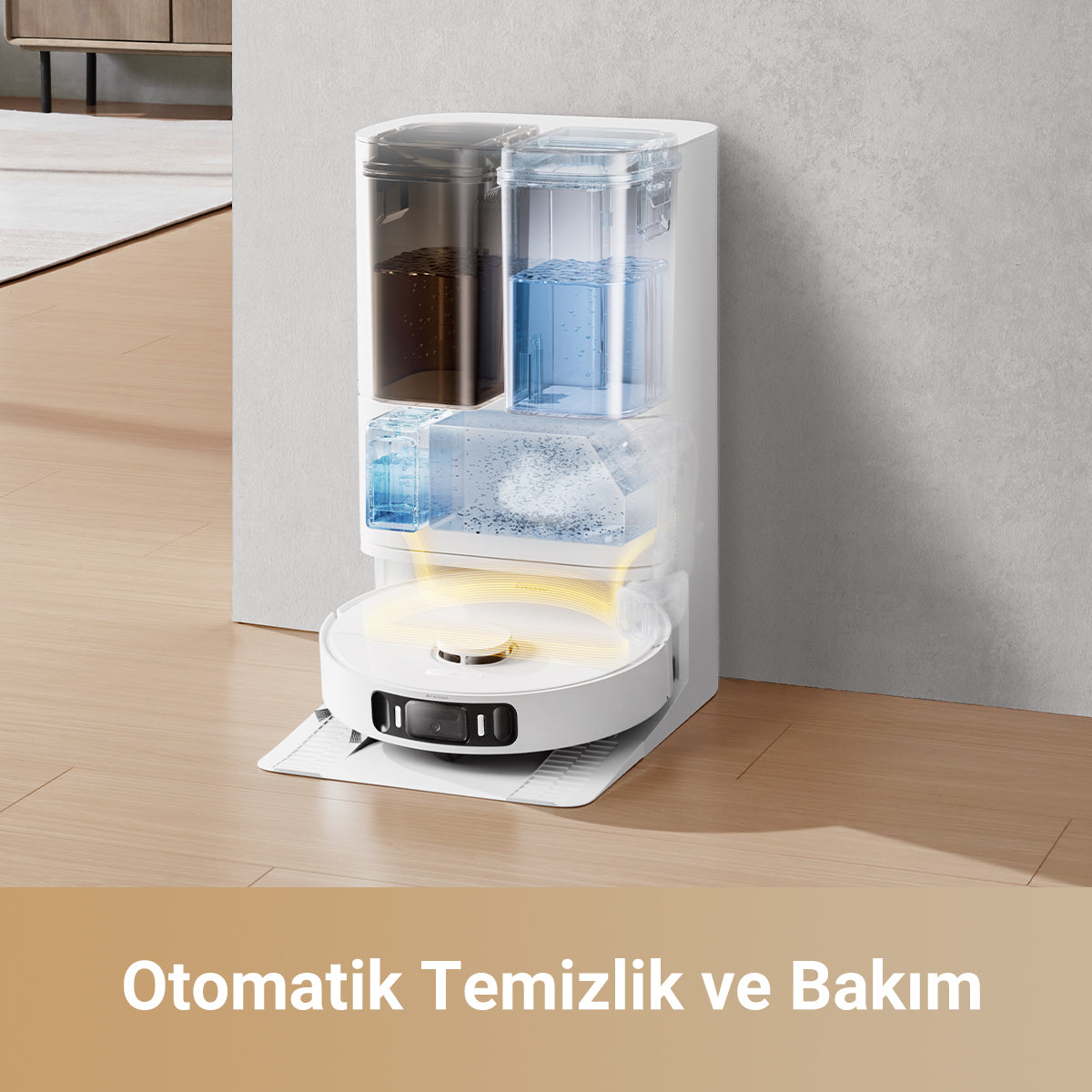 Temiz su, kirli su ve deterjan bölmeleriyle otomatik temizlik ve bakım istasyonu iç görünümü