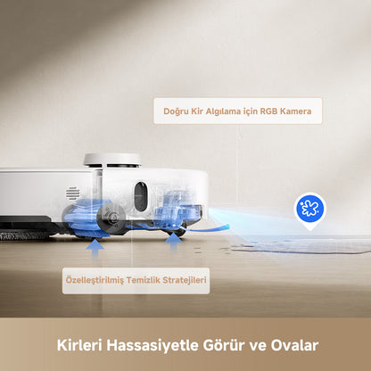RGB kamera ve yapay zeka ile kirleri hassasiyetle algılar ve temizler.