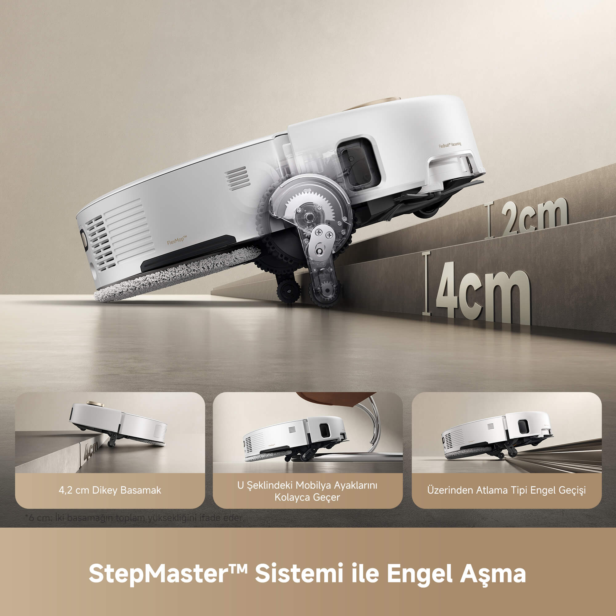 MOVA V50 Ultra StepMaster™ sistemi ile 6 cm’ye kadar eşik ve engelleri rahatça aşar.
