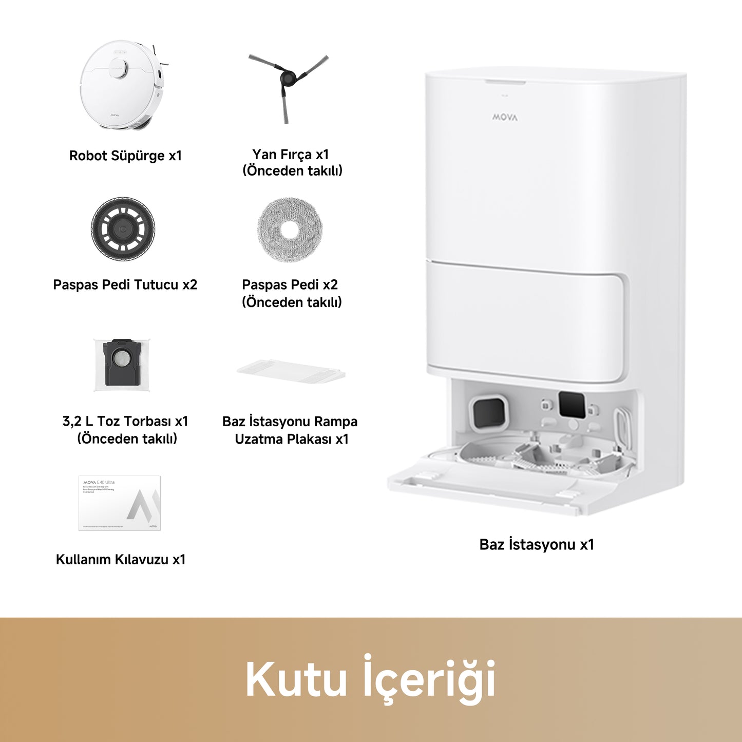 MOVA E40 Ultra robot süpürge kutu içerikleri tanıtım görseli