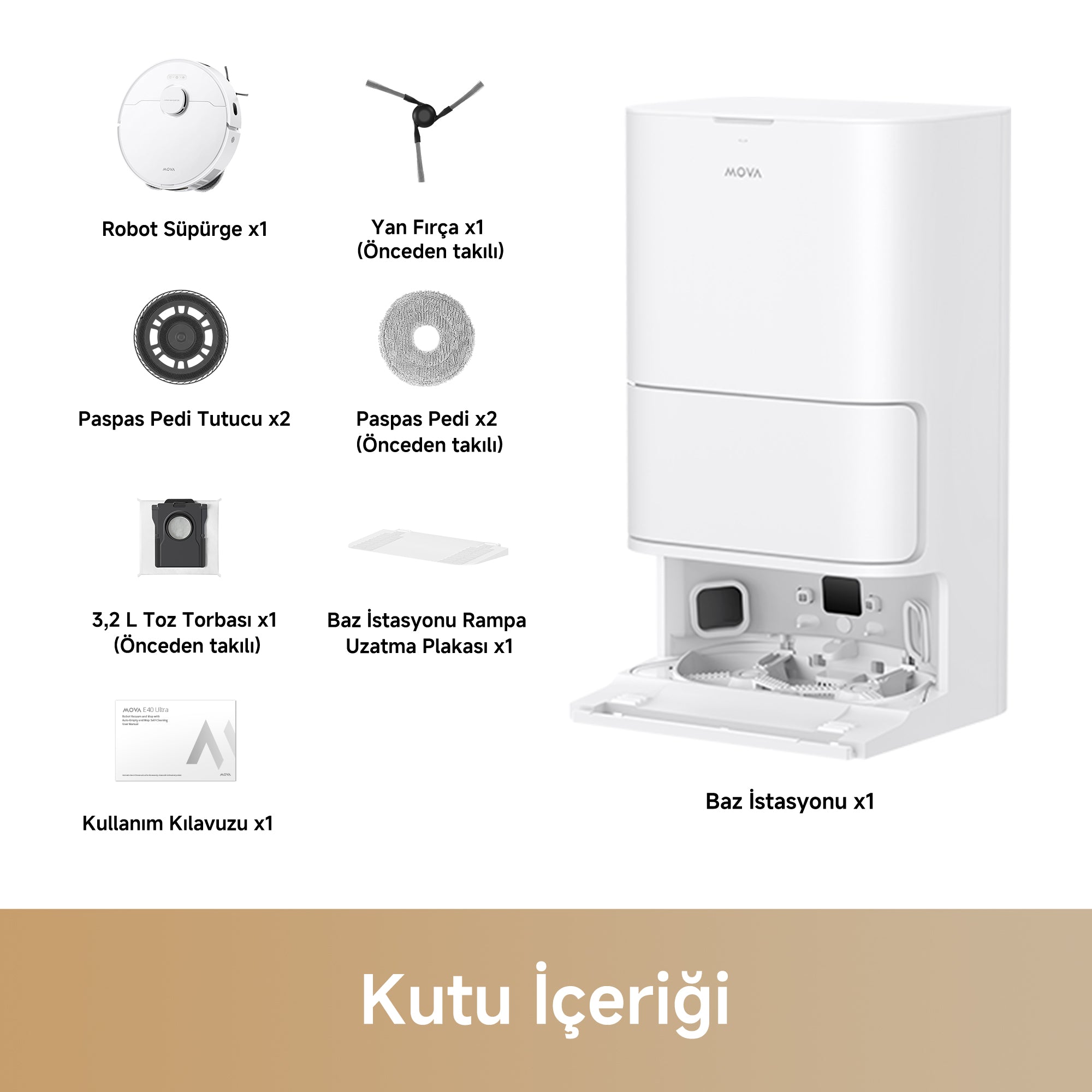 MOVA E40 Ultra robot süpürge kutu içerikleri tanıtım görseli